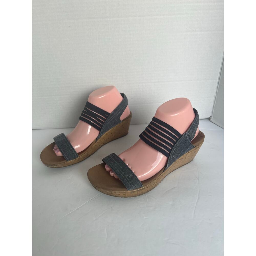 Skechers Denim Blue Cali‎ Beverlee Smitten Kitten Wedge Stretch Strap Sandal 9.5